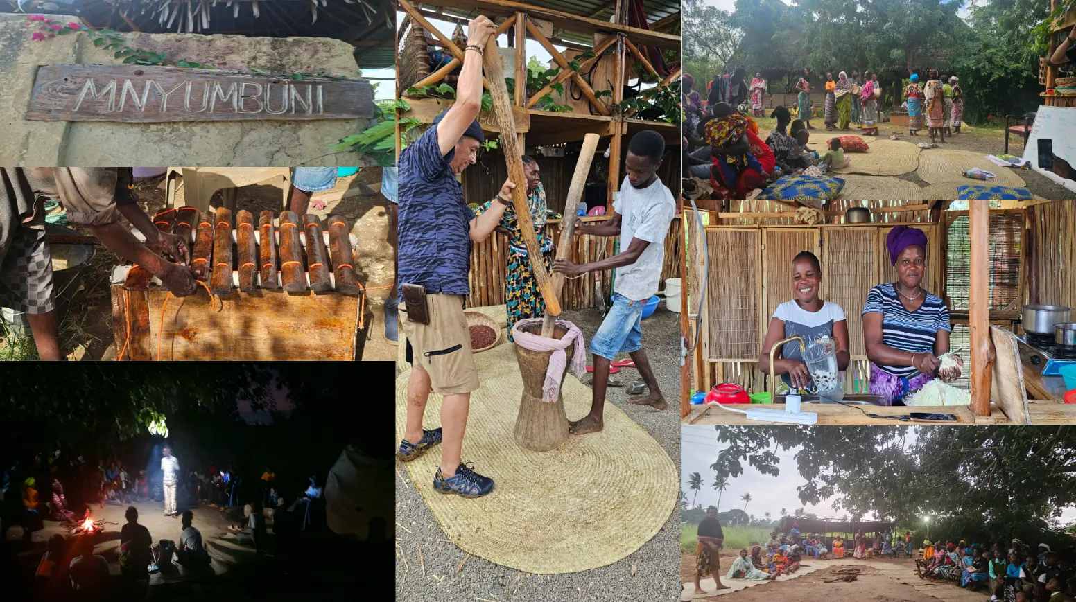 Mnyumbuni sign, shared work, community gatherings, and food preparation